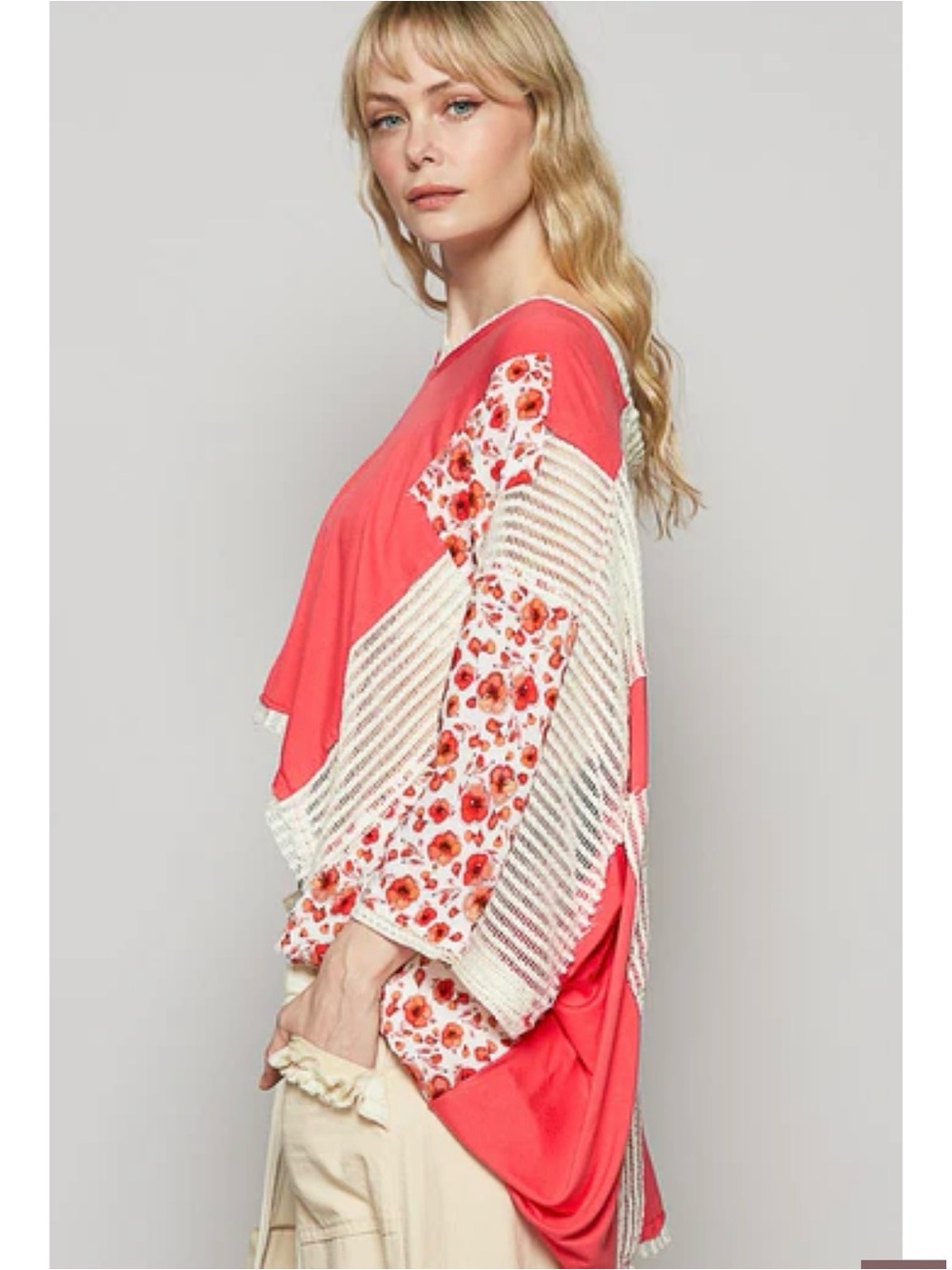 POL Coral V-Neck Top with Cream Crochet Trim (Box H) - Picture 3 of 10